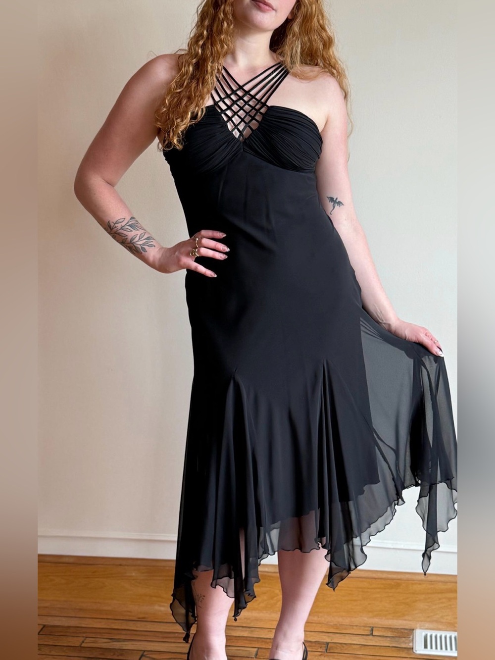 Y2K Elegant Black Strappy Flowy Maxi Dress with Braided Detail